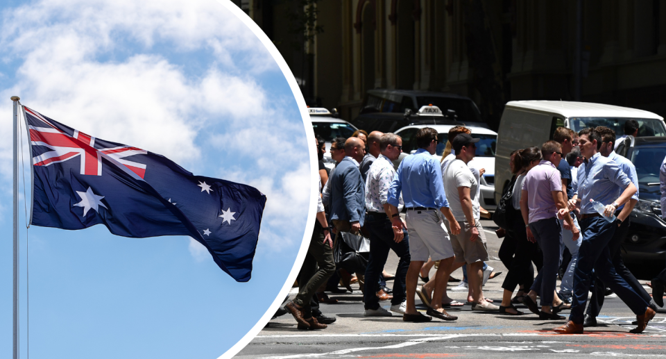 Australian flag for Australia Day and workers in the city.