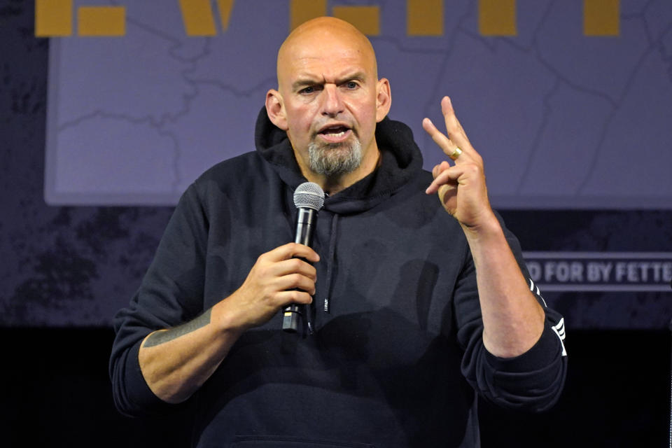 Pennsylvania Lt. Gov. John Fetterman, the Democratic nominee for the state's U.S. Senate seat, speaks during a rally in Erie, Pa., on Friday, Aug. 12, 2022. (AP Photo/Gene J. Puskar)