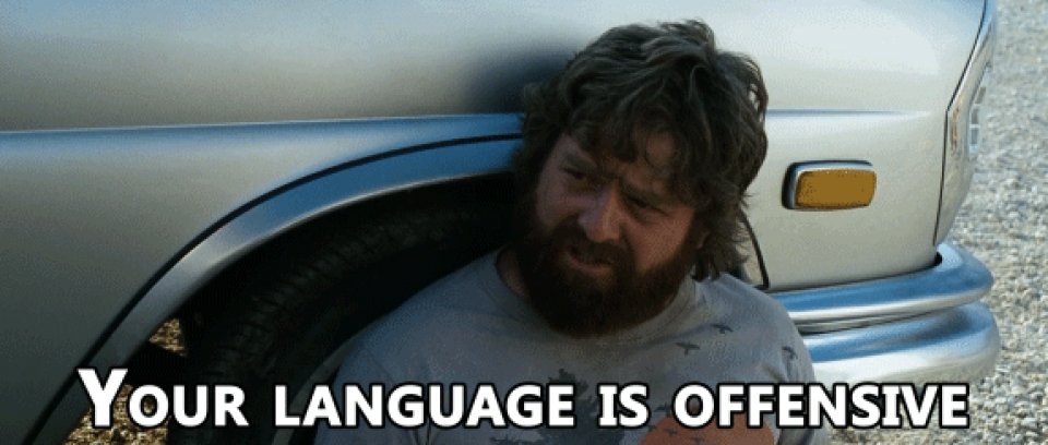 Alan saying, "Your language is offensive," in "The Hangover"