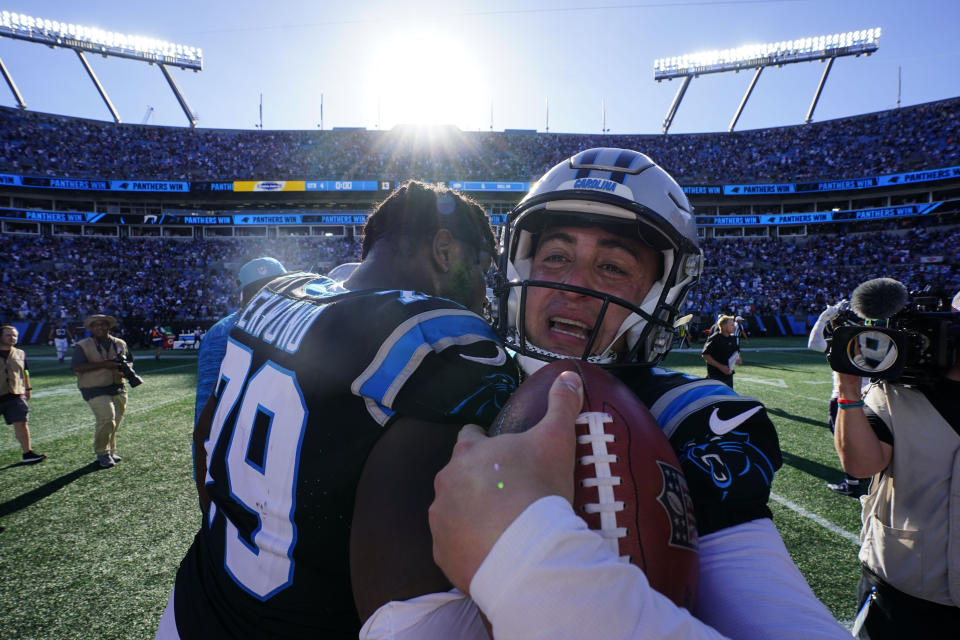 Carolina Panthers' Eddy Pineiro (4) celebrates after kicking the game-winning field goal after an an NFL football game against the Houston Texans, Sunday, Oct. 29, 2023, in Charlotte, N.C. The Carolina Panthers won 15-13. (AP Photo/Rusty Jones)