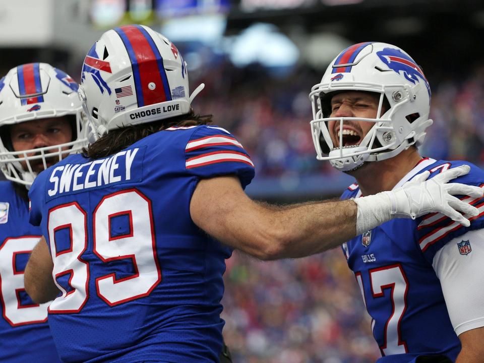 Josh Allen celebrates a touchdown against the Pittsburgh Steelers.