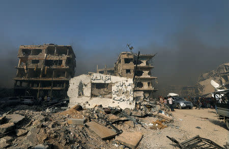 A view of damaged buildings in al-Hajar al-Aswad, Syria May 21, 2018. REUTERS/Omar Sanadiki