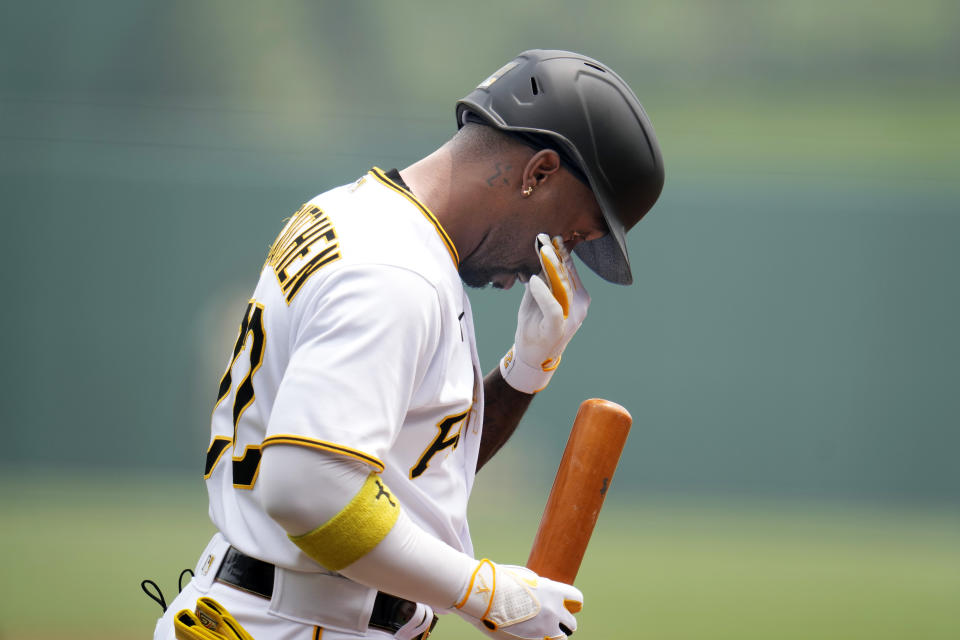 Pittsburgh Pirates' Andrew McCutchen wipes his eyes between pitches from San Diego Padres starting pitcher Joe Musgrove during the first inning of a baseball game, Thursday, June 29, 2023, in Pittsburgh. (Photo/Gene J. Puskar)