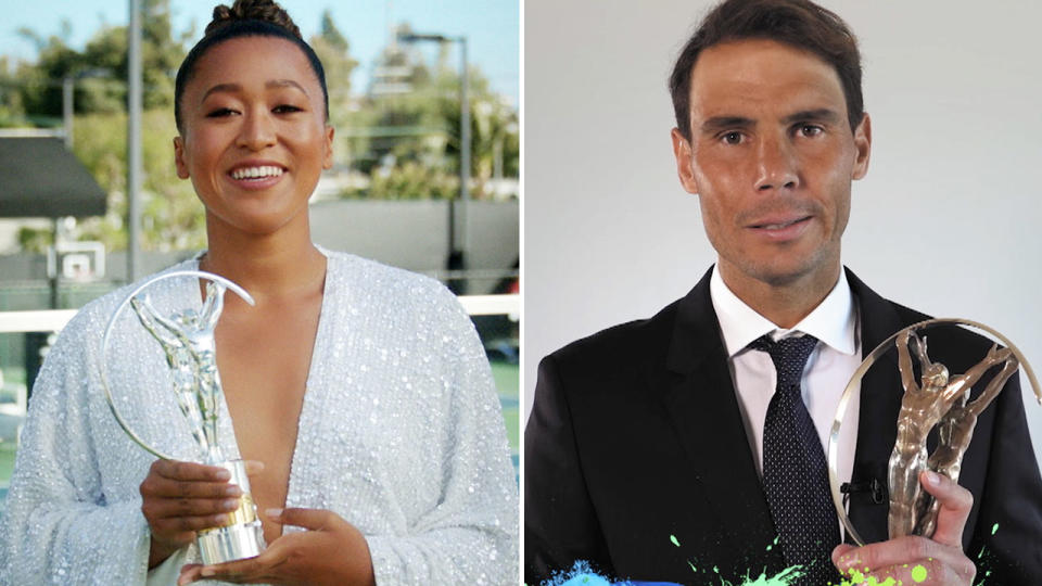 Naomi Osaka and Rafael Nadal, pictured here with their awards.