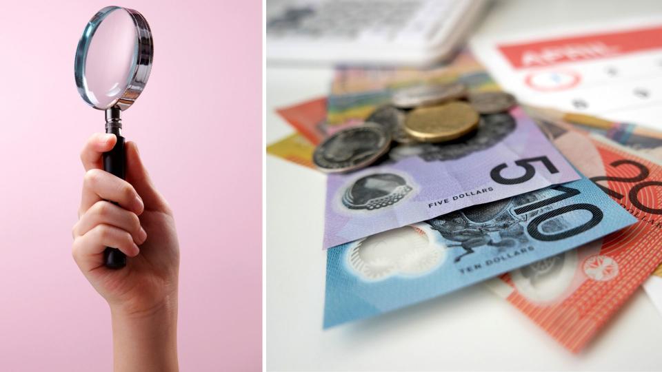 Image: Magnifiying glass, Australian cash and calendar suggesting ATO monitoring tax time. Images: Getty