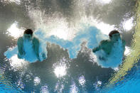 LONDON, ENGLAND - JULY 30: Nicholas McCrory and David Boudia (L) of the United States compete in the Men's Synchronised 10m Platform Diving on Day 3 of the London 2012 Olympic Games at the Aquatics Centre on July 30, 2012 in London, England. (Photo by Adam Pretty/Getty Images)