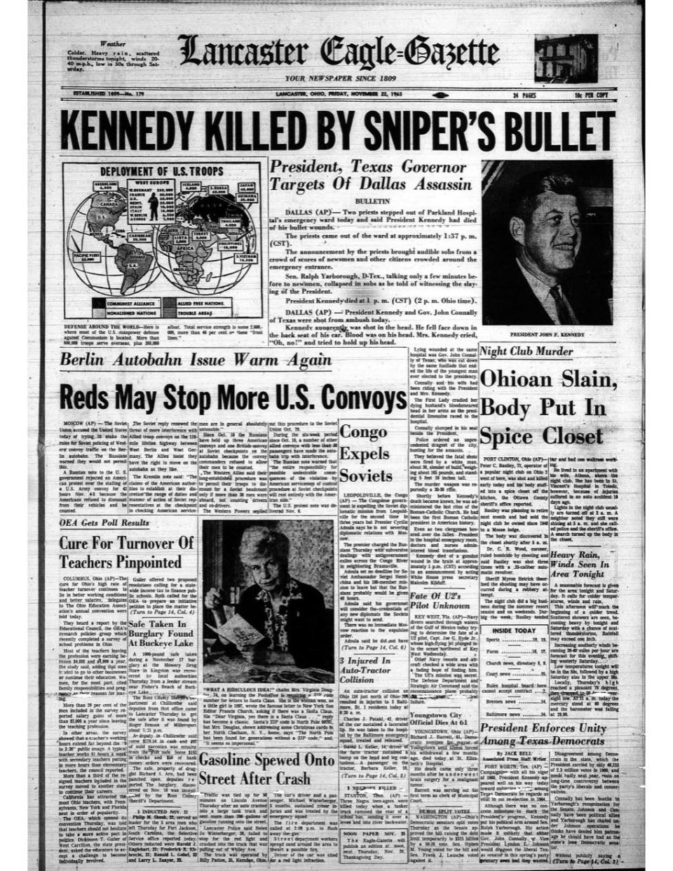 The front page of the Nov. 23, 1963 Lancaster Eagle-Gazette.