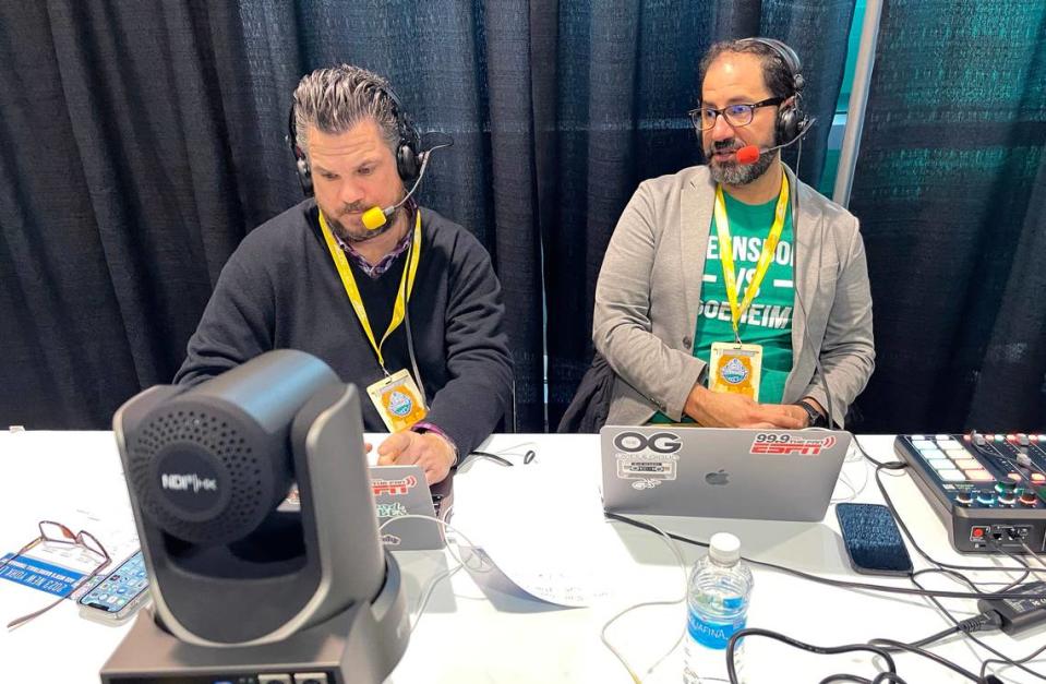 Joe Giglio, left, and Joe Ovies broadcast from the ACC Men’s Basketball Tournament in Greensboro, N.C., on Thursday, March 8, 2023.