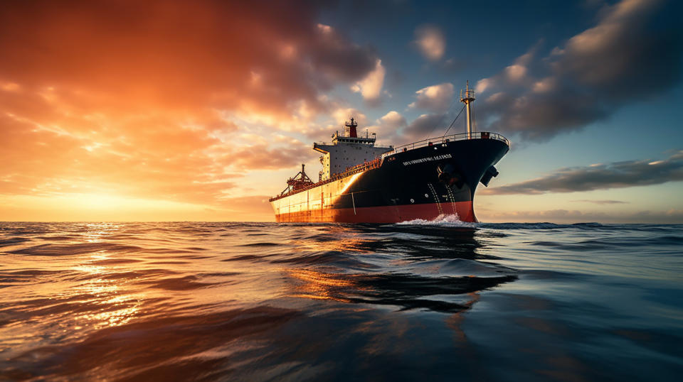 A tanker filled with petroleum products, sailing through a calm sea.