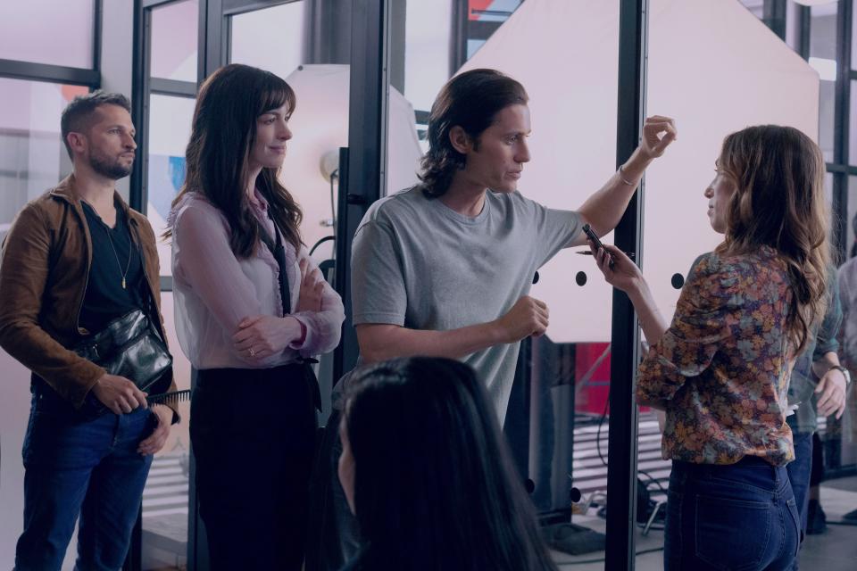 WECRASHED, 2nd from left: Anne Hathaway as Rebekah Neumann, center: Jared Leto as Adam Neumann, 4.4', (Season 1, ep. 104, aired Mar. 25, 2022)