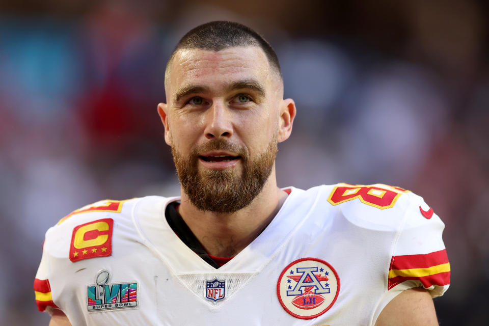 GLENDALE, ARIZONA - FEBRUARY 12: Travis Kelce #87 of the Kansas City Chiefs looks on against the Philadelphia Eagles during the first quarter in Super Bowl LVII at State Farm Stadium on February 12, 2023 in Glendale, Arizona. (Photo by Christian Petersen/Getty Images)