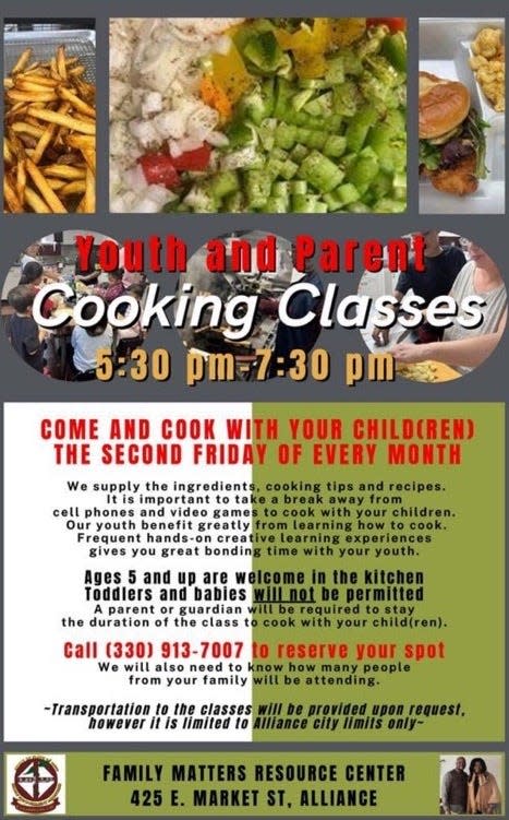 A digital poster of "Youth and Parent Cooking Classes" at Family Matters Resource Center in downtown Alliance.