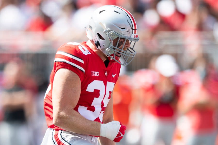 Ohio State Buckeyes linebacker Tommy Eichenberg (35) celebrates in the first half of a NCAA college football game against the Arkansas State Red Wolves on Saturday, Sept. 10, 2022 in Columbus, Ohio. (AP Photo/Emilee Chinn)