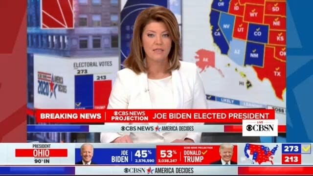 CBS News anchor Norah O'Donnell calls the presidential election for Joe Biden.