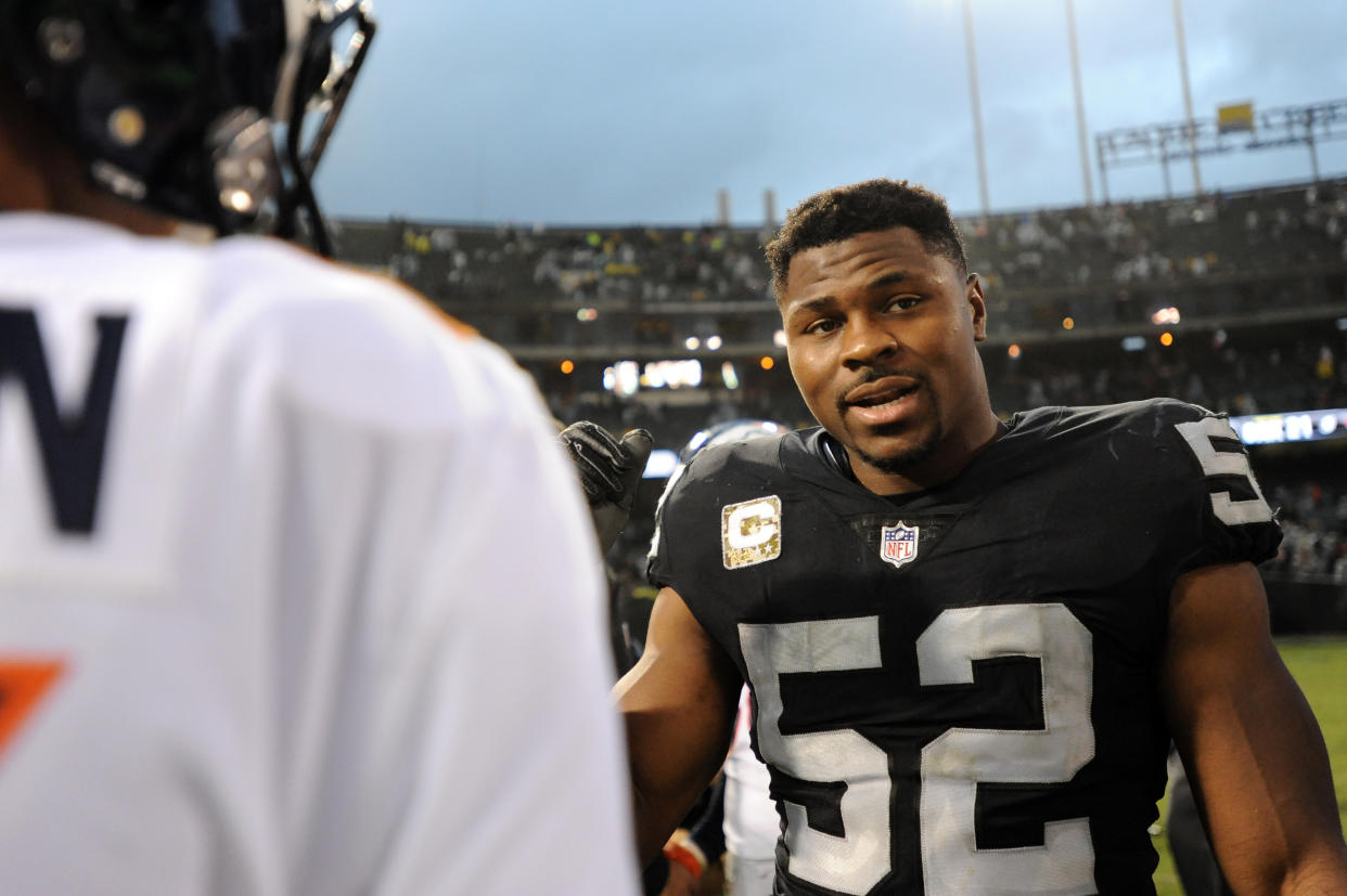 The Oakland Raiders don’t expect defensive end Khalil Mack to report to minicamp this week as he holds out for a long-term deal. (Getty Images)