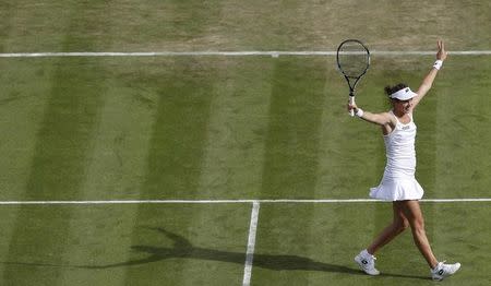 Britain Tennis - Wimbledon - All England Lawn Tennis & Croquet Club, Wimbledon, England - 30/6/16 Slovakia's Jana Cepelova celebrates winning her match against Spain's Garbine Muguruza REUTERS/Paul Childs