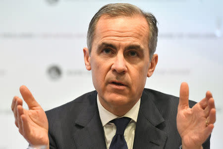 FILE PHOTO - Bank of England Governor Mark Carney speaks during the central bank's quarterly inflation report press conference in the City of London, Britain, February 8, 2018. REUTERS/Victoria Jones/Pool