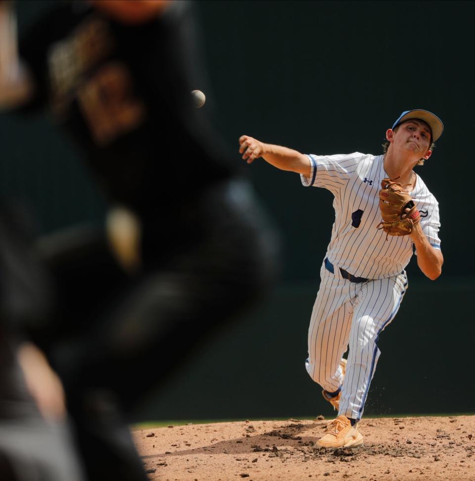 Lakeland pitcher Daniel Hartley throws a pitch. St. John Neumann faced off against Lakeland Christian High School in the state semi final game at Hammond Stadium in Fort Myers, Thursday May 18, 2023. The Lakeland Christian Vikings won with a final score of 3-0.