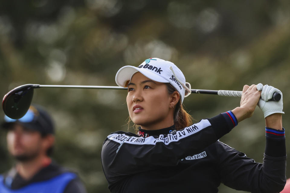 Australia's Minjee Lee tees off on the 12th hole during the Australian Open golf championship at Kingston Heath golf course in Melbourne, Australia, Friday, Dec. 2, 2022. (AP Photo/Asanka Brendon Ratnayake)