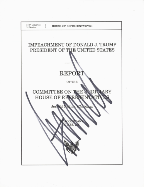Donald Trump signed impeachment documents at his Rally in Battle Creek on Dec 18 made by Jonathan Moore. The document is being auctioned at Goldin Auctions.