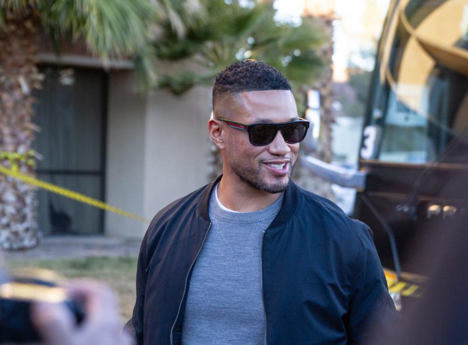 Notre Dame football Head Coach Marcus Freeman arrives on Sunday at the Marriott hotel near El Paso International Airport ahead of the Sun Bowl game on Friday, Dec. 29.