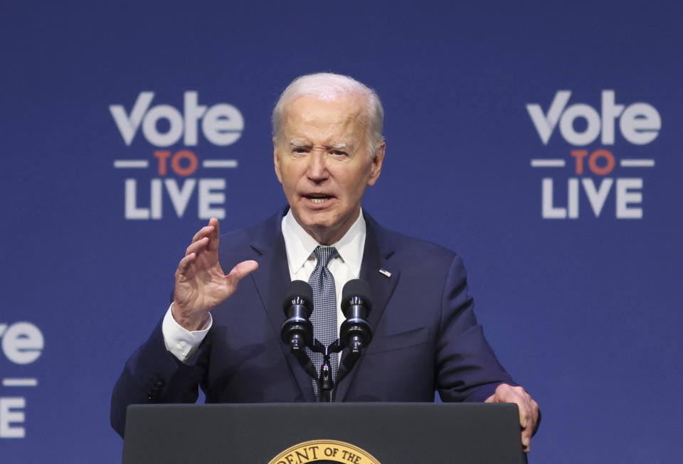 FILE - President Joe Biden speaks at a 2024 Prosperity Summit, July 16, 2024, in North Las Vegas, Nev. Nearly two-thirds of Democrats say President Joe Biden should withdraw from the presidential race and let his party select a different candidate, according to a new poll by the AP-NORC Center for Public Affairs Research. It sharply undercuts his post-debate claim that “average Democrats” are still with him even if some “big names” are turning on him. (AP Photo/Ronda Churchill, File)