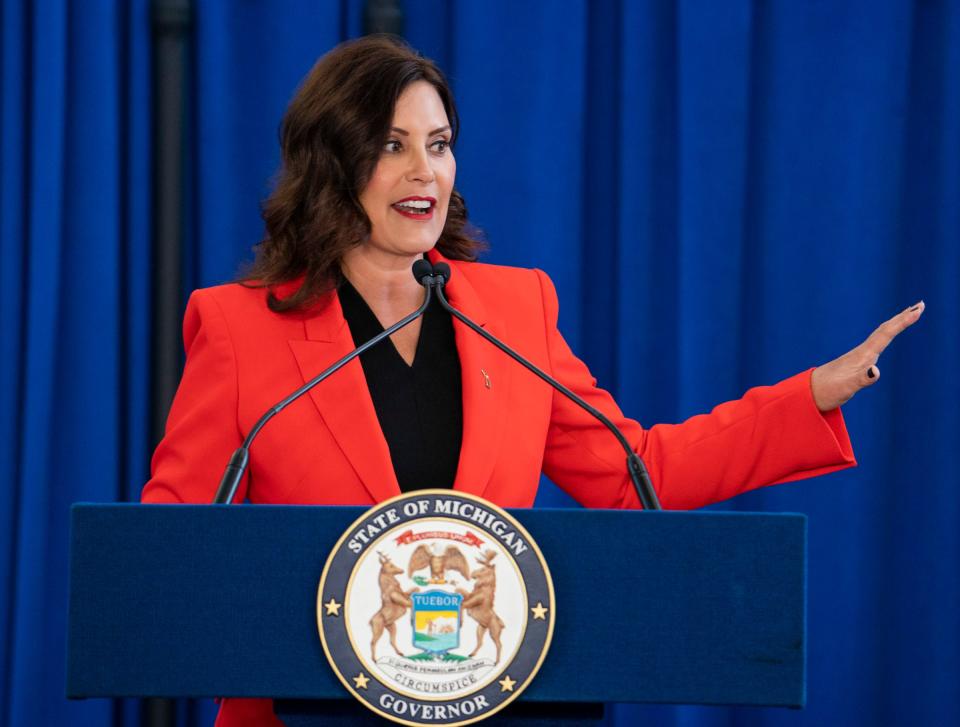 Michigan Gov. Gretchen Whitmer delivers her "What’s Next" Address that outlines her legislative priorities for the fall at the Lansing Shuffle in Lansing on Wednesday, Aug. 30, 2023.