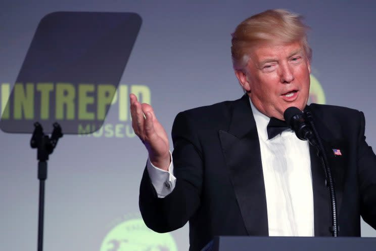 President Trump delivers remarks at an event with veterans and Australian Prime Minister Malcolm Turnbull commemorating the 75th anniversary of the Battle of the Coral Sea, aboard the USS Intrepid Sea, Air & Space Museum in New York, May 4, 2017. (Photo: Jonathan Ernst/Reuters)