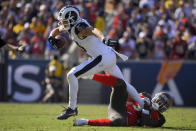 Los Angeles Rams wide receiver Cooper Kupp is tackled by Tampa Bay Buccaneers safety Mike Edwards during the second of an NFL football game Sunday, Sept. 29, 2019, in Los Angeles. (AP Photo/Mark J. Terrill)