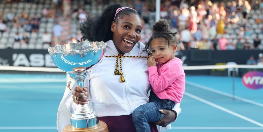 serena williams of the us with her daughter alexis olympia after her win against jessica pegula of the us during their womens singles final match during the auckland classic tennis tournament in auckland on january 12, 2020 photo by michael bradley afp photo by michael bradleyafp via getty images