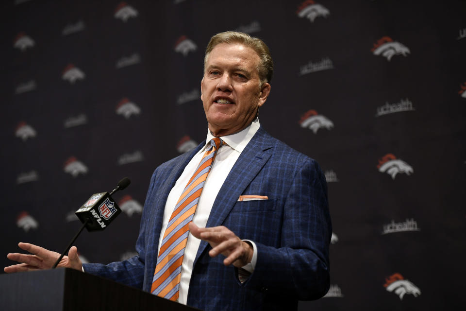 John Elway announces Vic Fangio as the 17th head coach of the Denver Broncos Football Club in franchise history Englewood, CO. (Getty Images)