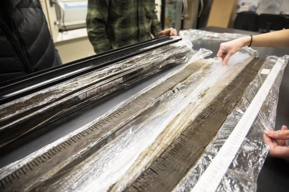 Researchers at the University of Montana examine a sediment core from a high-elevation lake in the Rocky Mountains. Each core is sliced into half-centimeter sections, reflecting around 10 years each, and variations in charcoal within the core are used to reconstruct a timeline of past wildfires. University of Montana