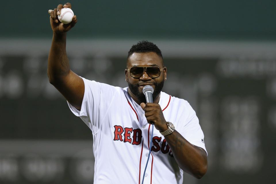 Former Boston Red Sox's David Ortiz addresses the crowd after throwing out a ceremonial first pitch before a baseball game against the New York Yankees in Boston, Monday, Sept. 9, 2019. (AP Photo/Michael Dwyer)