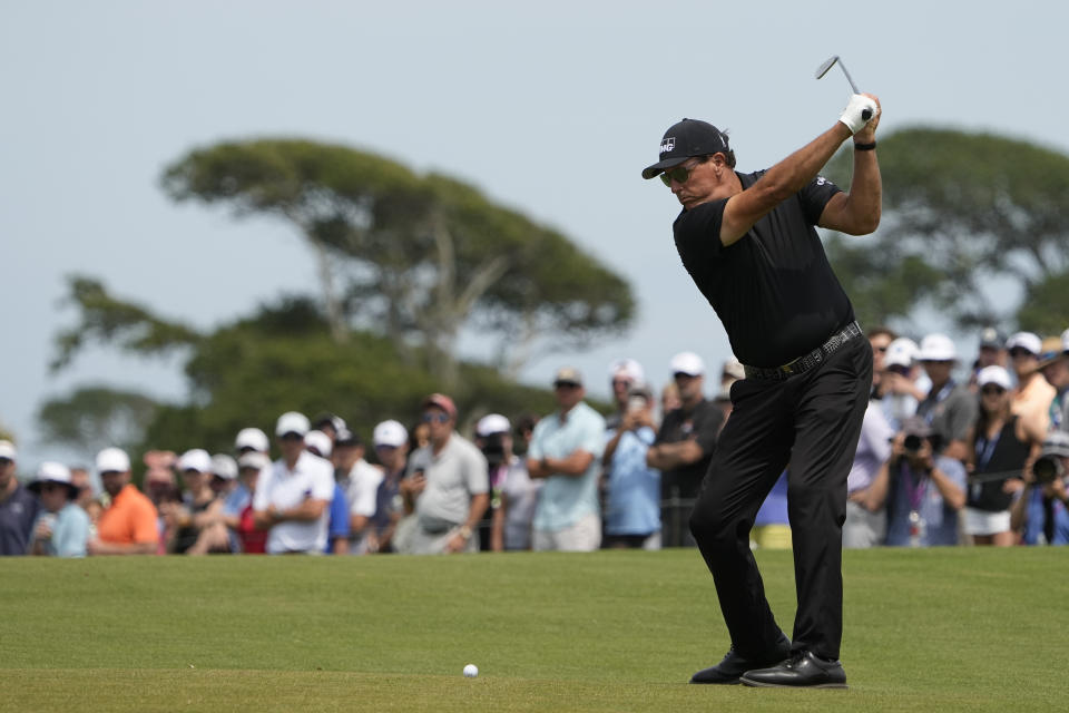 Phil Mickelson works on the second hole during the third round at the PGA Championship golf tournament on the Ocean Course, Saturday, May 22, 2021, in Kiawah Island, S.C. (AP Photo/David J. Phillip)