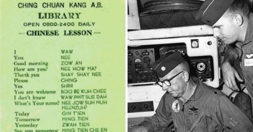 <p>“Chinese lesson” supplied to the US air force pilots stationed in Taiwan during the 1960s (left) and Maj. Melvin Hardin and his son, 1st Lt. Donell Hardin, plot a course for their C-130E Hercules at Ching Chuan Kang Air Base, Taiwan, in May 1969 (right) | Photo courtesy of the US Air Force</p>
