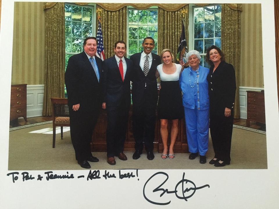 Pat Kennedy, far left, son Joey and wife Jeannie, far right, with President Barack Obama in 2010 in the Oval office.