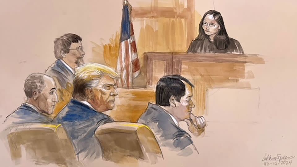 This court sketch shows former President Donald Trump in court with his lawyers and US District Court for the Southern District of Florida Aileen Cannon, upper right, during a hearing on Thursday, March 14, 2024. - Lothar Speer