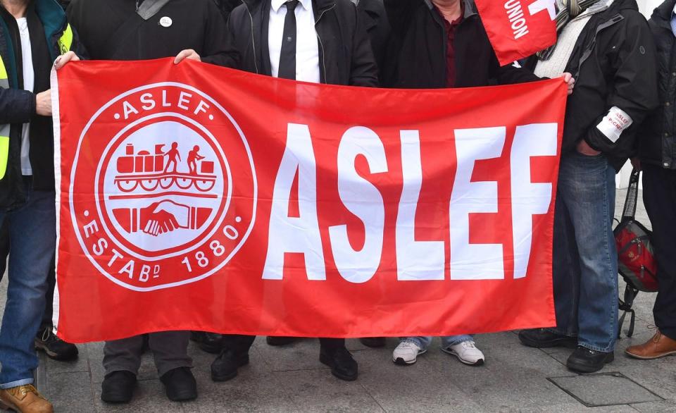 A flag on an Aslef picket line (Victoria Jones/PA) (PA Wire)