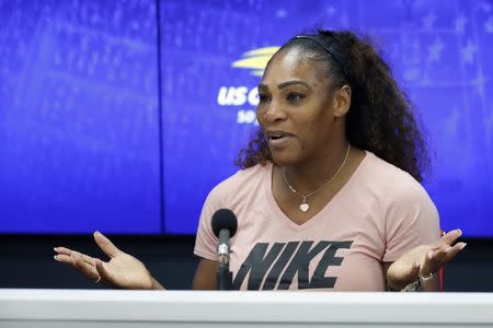 Sep 8, 2018; New York, NY, USA; Serena Williams of the United States speaks at a press conference after her match against against Naomi Osaka of Japan (not pictured) in the women's final on day thirteen of the 2018 U.S. Open tennis tournament at USTA Billie Jean King National Tennis Center. Geoff Burke-USA TODAY Sports