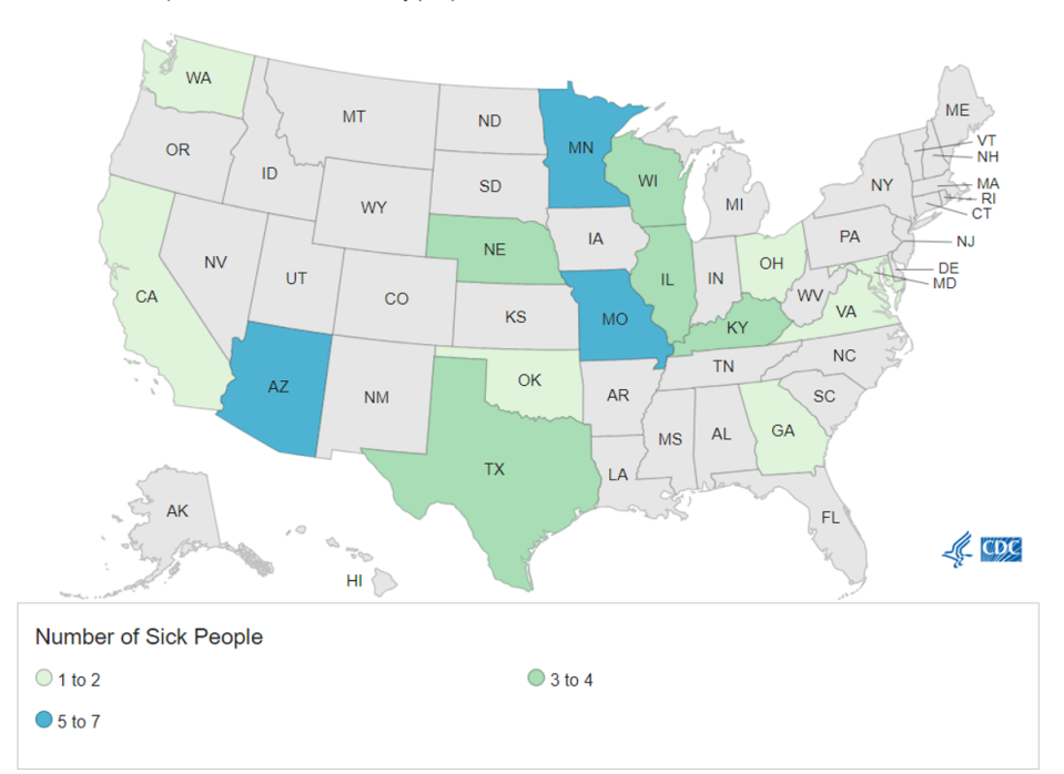 The spread of the salmonella outbreak linked to the cantaloupes in the US (CDC)