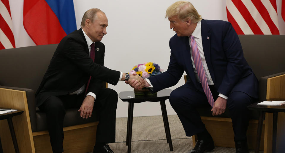 OSAKA, JAPAN - JUNE,28 (RUSSIA OUT) U.S. President Donald Trump (R) and Russian President Vladimir Putin (L) attend their bilateral meeting at the G20 Osaka Summit 2019, in Osaka, Japan, June,28,2019. Vladimir Putin has arrived to Japan to partcipate the G20 Osaka Summit and to meet U.S.President Donald Trump.  (Photo by Mikhail Svetlov/Getty Images)