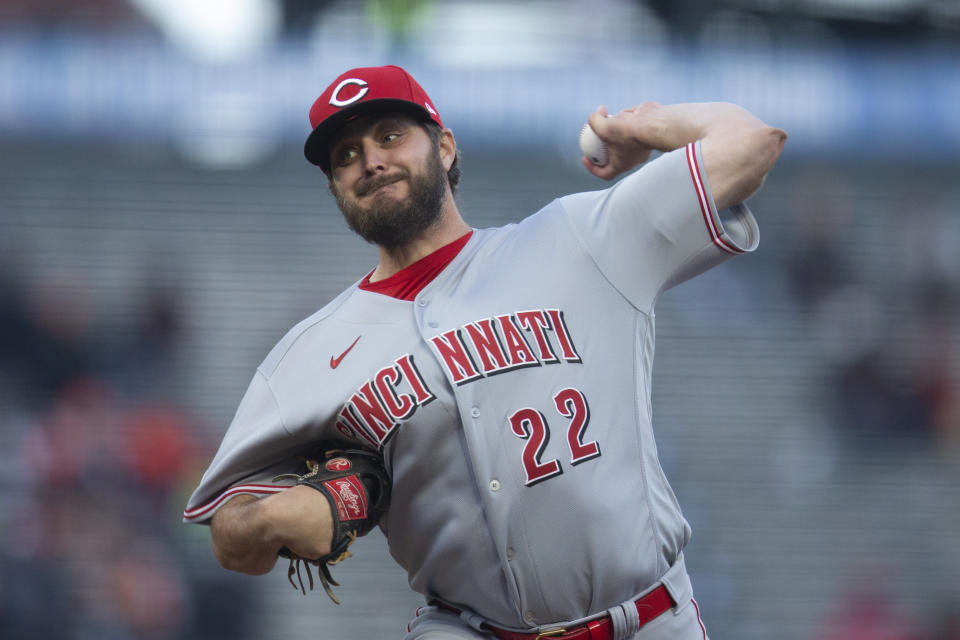 Cincinnati Reds starting pitcher Wade Miley delivers a pitch against the San Francisco Giants during the first inning of a baseball game, Monday, April 12, 2021, in San Francisco, Calif. (AP Photo/D. Ross Cameron)