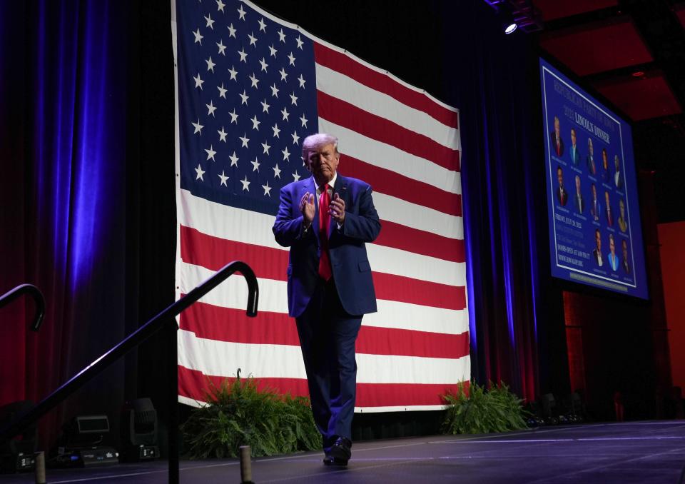 Former President Donald Trump speaks during the Lincoln Dinner on Friday, July 28, 2023, at the Iowa Events Center in Des Moines.