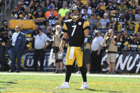 Pittsburgh Steelers quarterback Ben Roethlisberger (7) stands in the end zone in the second half of an NFL football game against the Cincinnati Bengals, Sunday, Sept. 26, 2021, in Pittsburgh. (AP Photo/Don Wright)