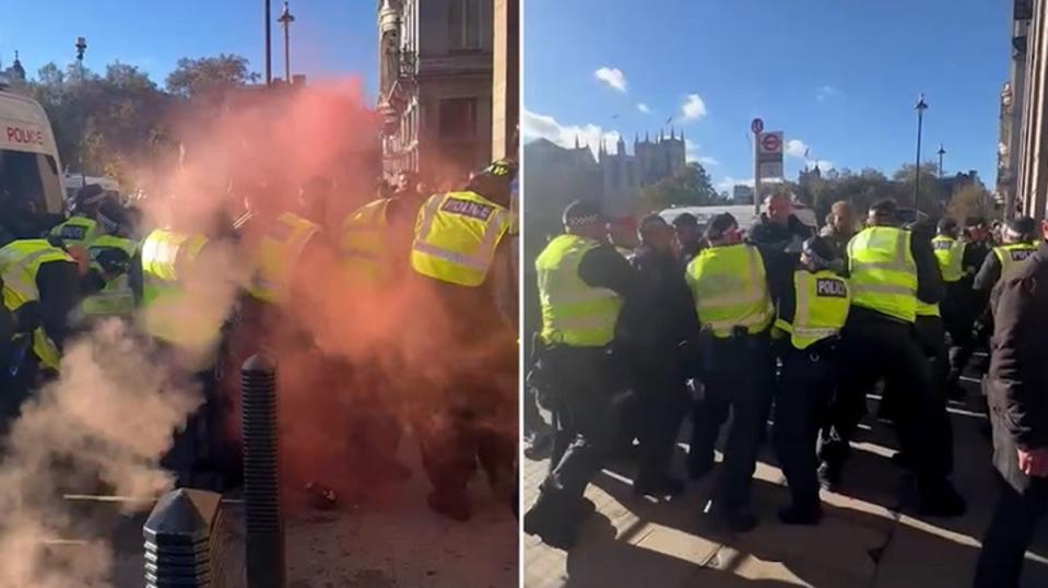 Far-right groups clash with police and throw projectiles during clashes in Westminster (Independent)