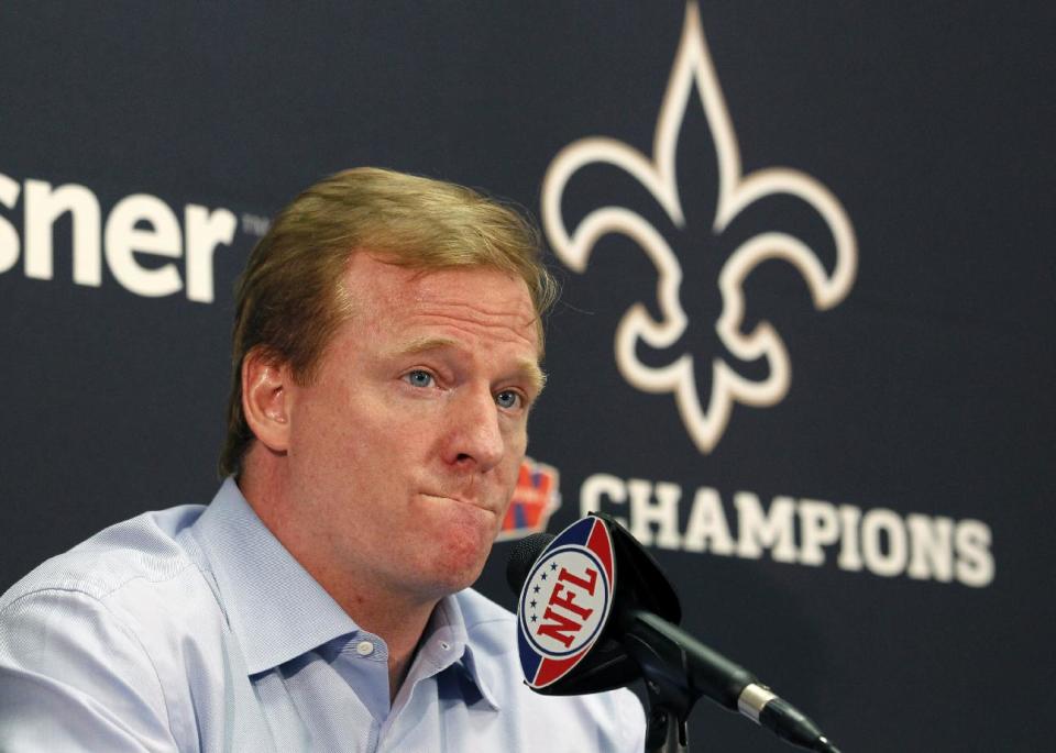 FILE - In this Aug. 2, 2010 file photo, NFL commissioner Roger Goodell speaks at a media conference at the New Orleans Saints training facility in Metairie, La. The NFL has suspended New Orleans head coach Sean Payton for the 2012 season, and former Saints defensive coordinator Gregg Williams is banned from the league indefinitely because of the team's bounty program that targeted opposing players. Also Wednesday, March 21, 2012, Goodell suspended Saints general manager Mickey Loomis for the first eight regular-season games of 2012, and assistant coach Joe Vitt has to sit out the first six games. (AP Photo/Gerald Herbert, File)