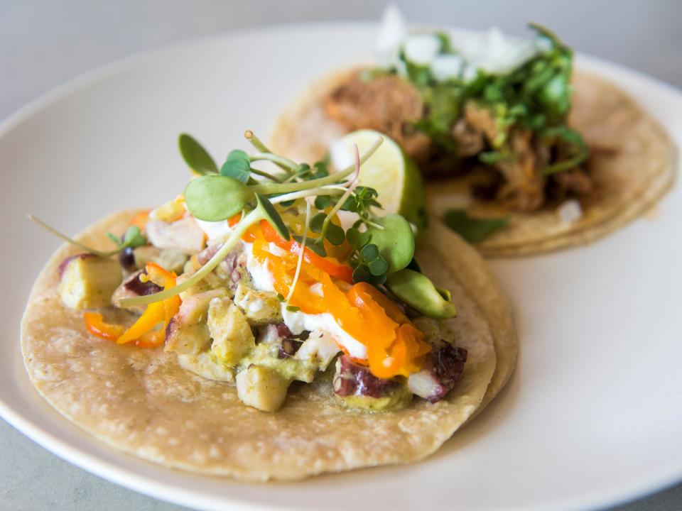 This taco at Tako Taco is made with grilled octopus, black cardamom raita and spicy greens.