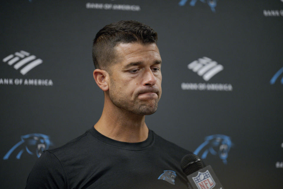 Carolina Panthers head coach Dave Canales reacts after his team's loss to the New Orleans Saints in an NFL football game in New Orleans, Sunday, Sept. 8, 2024. (AP Photo/Matthew Hinton)