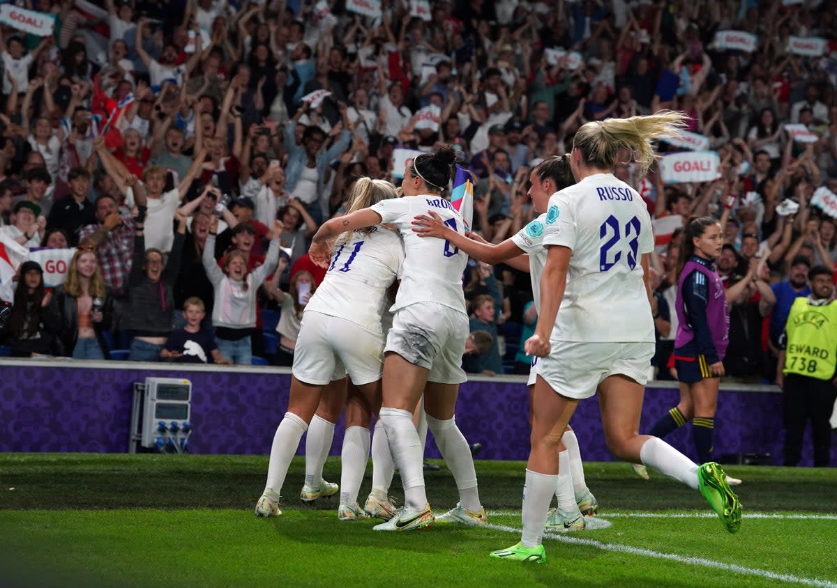 England celebrate Georgia Stanway’s stunning winner (Gareth Fuller/PA) (PA Wire)