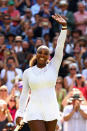 <p>Serena Williams of the United States celebrates winning her Ladies’ Singles Quarter-Finals match against Camila Giorgi of Italy on day eight of the Wimbledon Lawn Tennis Championships at All England Lawn Tennis and Croquet Club in London, England. (Michael Steele/Getty Images) </p>